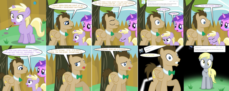 Size: 3724x1480 | Tagged: safe, artist:theevilflashanimator, derpibooru import, amethyst star, derpy hooves, dinky hooves, doctor whooves, time turner, pegasus, pony, unicorn, ask discorded whooves, ask, backyard, bowtie, comic, crying, dialogue, dinky hooves is not amused, female, fence, filly, image, jewelry, key, male, mare, necklace, picket fence, png, race swap, stallion, teenager, this will end in tears, this will not end well, tree, trio, tumblr comic