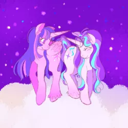 Size: 2048x2048 | Tagged: safe, artist:sweetsuds, derpibooru import, starlight glimmer, twilight sparkle, twilight sparkle (alicorn), alicorn, pony, unicorn, female, image, lesbian, png, shipping, smiling, twistarlight