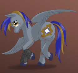 Size: 2048x1935 | Tagged: safe, artist:nebulastar985, derpibooru import, oc, oc:nebula star, unofficial characters only, pegasus, pony, bandage, gradient background, image, male, pegasus oc, png, raised hoof, scar, solo, stallion, unshorn fetlocks, wings