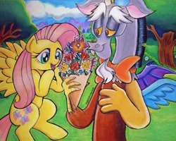 Size: 1144x916 | Tagged: safe, artist:tiger-of-my-eye, derpibooru import, discord, fluttershy, draconequus, pegasus, pony, amazed, bouquet, bowtie, duo, female, flower, holding, image, jpeg, looking at something, male, mare, open mouth, outdoors, singing, smiling, spread wings, traditional art, tree, wings