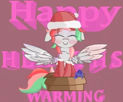 Size: 2045x1690 | Tagged: safe, artist:coffeeponee, derpibooru import, oc, oc:coffea flower, unofficial characters only, pegasus, pony, box, chest fluff, christmas, clothes, eyes closed, female, fluffy, happy, hat, holiday, if i fits i sits, image, mare, plushie, png, santa hat, socks, spread wings, wings