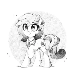 Size: 1575x1575 | Tagged: safe, artist:aureai, derpibooru import, oc, oc:osha, unofficial characters only, earth pony, pony, black and white, cheek fluff, chest fluff, clothes, commission, cute, daaaaaaaaaaaw, ear fluff, ear piercing, earring, female, fluffy, grayscale, happy, image, jewelry, leg fluff, looking up, mare, monochrome, ocbetes, piercing, png, raised eyebrow, signature, simple background, smiling, solo, standing