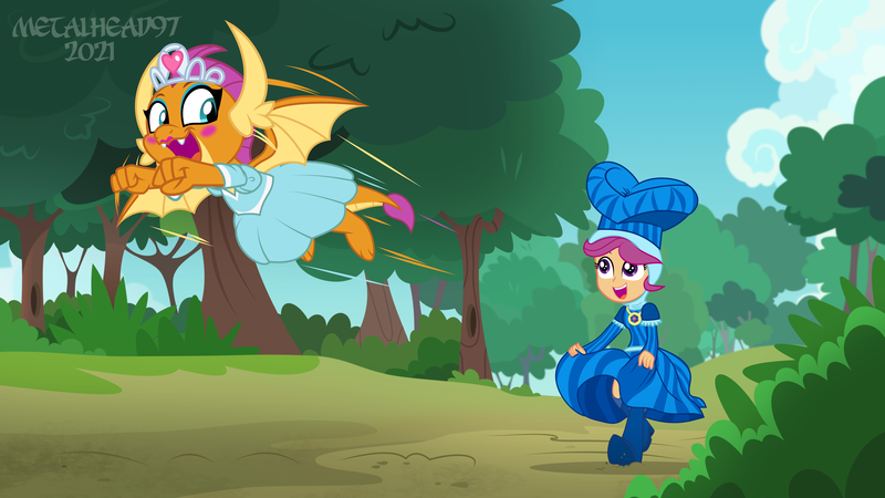 Size: 8000x4500 | Tagged: safe, artist:metalhead97, derpibooru import, scootaloo, smolder, dragon, equestria girls, equestria girls series, for whom the sweetie belle toils, what lies beneath, boots, clothes, commission, costume, cute, cutealoo, dragoness, dress, equestria girls interpretation, eyeliner, eyes open, female, fist, flying, forest, forest background, hat, having fun, high heel boots, high heels, image, jewelry, jogging, looking at each other, looking back, makeup, open mouth, outdoors, png, princess smolder, race, running, scene interpretation, shoes, show accurate, skirt, skirt lift, skirt pull, skirtaloo, smolder also dresses in style, smolderbetes, tiara, tree