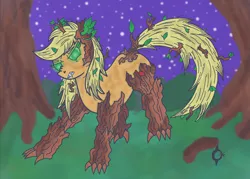 Size: 1630x1166 | Tagged: safe, artist:assertiveshypony, derpibooru import, applejack, earth pony, original species, pony, timber pony, timber wolf, claws, digital art, everfree forest, female, glowing eyes, image, leaf, night, png, race swap, simple background, species swap, stars, timberjack, transformation, tree