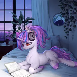 Size: 1200x1200 | Tagged: safe, artist:lunarlacepony, derpibooru import, oc, oc:purpleflare, unofficial characters only, pony, unicorn, bed, blank flank, book, ear fluff, headphones, image, indoors, jpeg, music, plant, reading, window