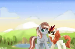 Size: 3400x2200 | Tagged: safe, artist:rivin177, derpibooru import, autumn blaze, oc, oc:raxella gessu, kirin, pegasus, pony, blue sky, commission, dusk, greens, image, lake, mountain, nature, old art, png, stars, tree