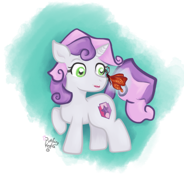 Size: 878x846 | Tagged: safe, artist:pickfairy, derpibooru import, apple bloom, scootaloo, sweetie belle, butterfly, insect, pony, unicorn, cute, cutie mark crusaders, diasweetes, female, filly, image, magic, png, simple background, solo, transparent background