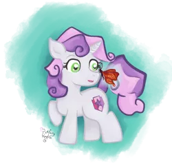 Size: 878x846 | Tagged: safe, artist:pickfairy, derpibooru import, apple bloom, scootaloo, sweetie belle, butterfly, insect, pony, unicorn, cute, cutie mark crusaders, diasweetes, female, filly, image, magic, png, simple background, solo, transparent background