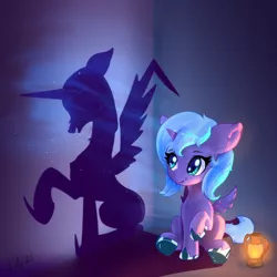 Size: 3696x3696 | Tagged: safe, artist:xbi, derpibooru import, nightmare moon, princess luna, alicorn, pony, chest fluff, cute, duality, ear fluff, fangs, female, filly, filly luna, floppy ears, foreshadowing, glow, high res, hoof shoes, image, jpeg, lantern, lunabetes, mare, open mouth, raised hoof, shadow, silhouette, sitting, smiling, sparkles, spread wings, star wars in the comments, tabun art-battle finished after, wings, woona, younger