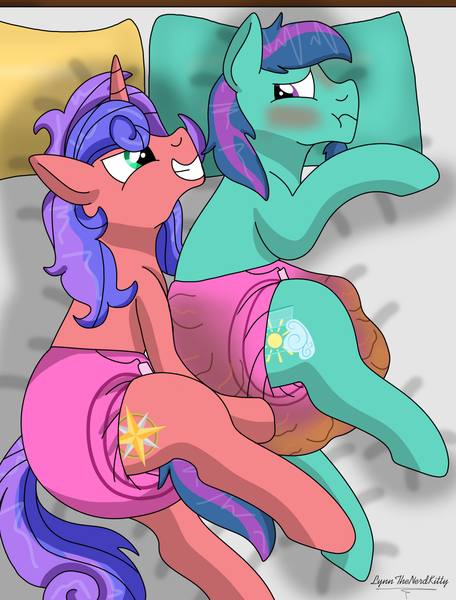 Size: 973x1280 | Tagged: questionable, artist:lynnthenerdkitty, derpibooru import, oc, oc:daydream flurry, oc:polaris star, earth pony, pony, unicorn, diaper, diaper fetish, fetish, image, messy diaper, non-baby in diaper, partners, png