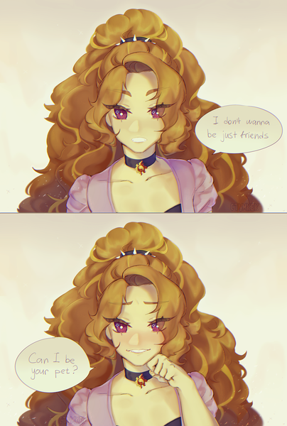 Size: 2308x3427 | Tagged: safe, artist:stummm, derpibooru import, adagio dazzle, equestria girls, adoragio, bedroom eyes, collar, comic, cute, cute little fangs, cutie mark accessory, fangs, female, image, implied lesbian, implied shipping, implied sunsagio, implied sunset shimmer, large voluminous hair, looking at you, pet play, png, smiling, solo, song reference, stupid sexy adagio dazzle, text