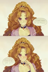 Size: 2308x3427 | Tagged: safe, artist:stummm, derpibooru import, adagio dazzle, equestria girls, adoragio, bedroom eyes, collar, comic, cute, cute little fangs, cutie mark accessory, fangs, female, image, implied lesbian, implied shipping, implied sunsagio, implied sunset shimmer, large voluminous hair, looking at you, pet play, png, smiling, solo, song reference, stupid sexy adagio dazzle, text