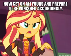 Size: 600x476 | Tagged: safe, derpibooru import, edit, edited screencap, screencap, sunset shimmer, equestria girls, equestria girls series, sunset's backstage pass!, spoiler:eqg series (season 2), caption, geode of empathy, image, image macro, imminent punishment, jpeg, magical geodes, memeful.com, solo, text