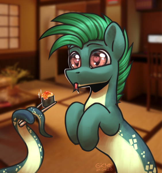 Size: 1406x1498 | Tagged: safe, artist:gicme, derpibooru import, oc, oc:dalar, unofficial characters only, original species, pony, snake, snake pony, big eyes, chopsticks, food, heart eyes, image, png, prehensile tail, short mane, simple background, sushi, tongue out, wingding eyes