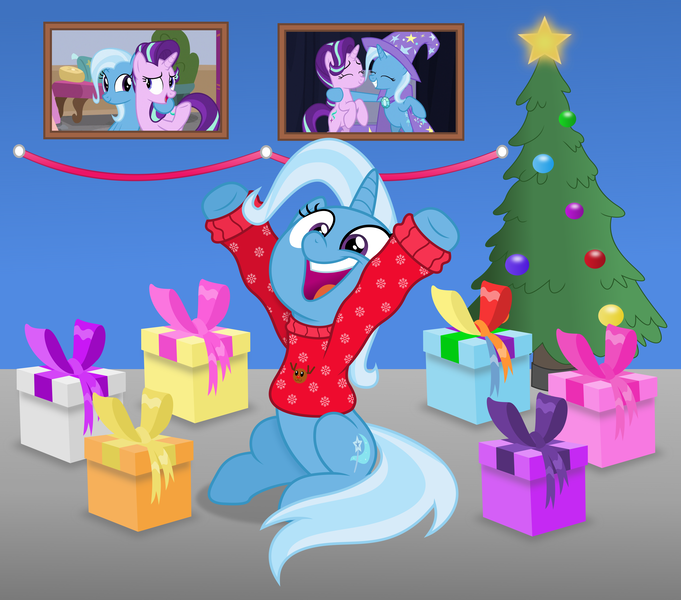 Size: 6759x5958 | Tagged: safe, artist:anime-equestria, derpibooru import, starlight glimmer, trixie, unicorn, christmas, christmas sweater, christmas tree, clothes, cute, decoration, diatrixes, female, happy, holiday, image, jumper, picture frame, png, present, sitting, solo, sweater, tree