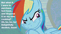 Size: 500x281 | Tagged: safe, derpibooru import, edit, screencap, rainbow dash, pegasus, pony, tanks for the memories, evil, evil grin, faic, female, gif, grin, image, mare, pure unfiltered evil, rainbow dash is best facemaker, rainbow grinch, smiling, solo, steamed hams, text, the grinch, the simpsons, then she got an idea