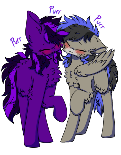 Size: 1100x1400 | Tagged: safe, artist:pegacousin, derpibooru import, oc, oc:gamebrony, oc:kioshka, unofficial characters only, earth pony, pegasus, pony, derpibooru community collaboration, 2021 community collab, image, png, purring, simple background, transparent background