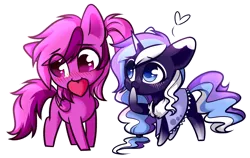 Size: 1584x1003 | Tagged: safe, artist:cloud-fly, derpibooru import, oc, oc:frosty lavender, unofficial characters only, pegasus, pony, unicorn, chibi, cute, female, heart, image, mare, mouth hold, png, simple background, transparent background