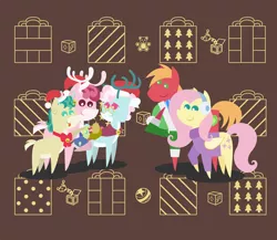 Size: 2160x1872 | Tagged: safe, anonymous artist, derpibooru import, alice the reindeer, aurora the reindeer, big macintosh, bori the reindeer, fluttershy, oc, oc:late riser, deer, earth pony, pegasus, pony, reindeer, series:fm holidays, series:hearth's warming advent calendar, abstract background, advent calendar, baby, baby pony, boop, christmas, clothes, colt, female, fluttermac, hat, hat off, hearth's warming, holding a pony, holiday, image, lineless, male, offspring, pacifier, parent:big macintosh, parent:fluttershy, parents:fluttermac, png, pointy ponies, santa hat, shipping, straight, sweater, the gift givers, tongue out, turtleneck, winter outfit