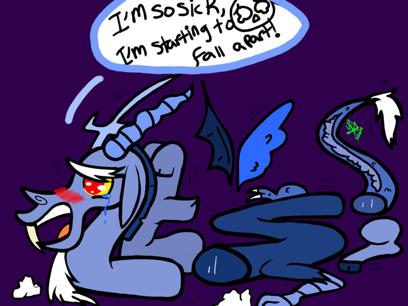 Size: 2048x1536 | Tagged: safe, artist:artmama113, derpibooru import, discord, draconequus, blue flu, blushing, crying, image, jpeg, male, purple background, signature, simple background, solo, talking, teary eyes