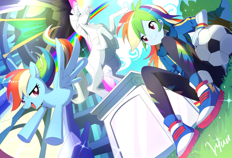 Size: 2048x1404 | Tagged: safe, alternate version, artist:ryuu, derpibooru import, rainbow dash, pegasus, pony, equestria girls, equestria girls series, canterlot high, clothes, converse, female, image, mare, open mouth, png, rainbow dash day, self ponidox, shoes, smiling, soccer ball (object)