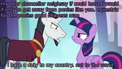 Size: 1280x720 | Tagged: safe, derpibooru import, edit, edited screencap, screencap, chancellor neighsay, twilight sparkle, twilight sparkle (alicorn), alicorn, pony, unicorn, school daze, angry, caption, doctor who, duo, engrish, facial hair, female, goatee, image, image macro, jon pertwee, male, mare, png, ribbon, stallion, stare, text, third doctor