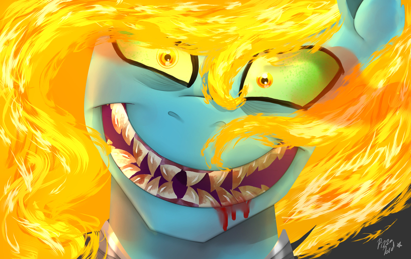 Size: 2223x1400 | Tagged: grimdark, artist:pizza lord, derpibooru import, oc, oc:drizzle dots, oc:solar dots, blood, evil, fire hair, image, jpeg, sharp teeth, sombra eyes, teeth