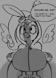 Size: 1301x1793 | Tagged: artist needed, suggestive, banned from derpibooru, derpibooru import, fluttershy, anthro, pegasus, big breasts, breasts, busty fluttershy, clothes, costume, dangerous mission outfit, female, goggles, grayscale, hoodie, huge breasts, image, implied foalcon, lolicon, looking up, monochrome, phallic shadow, png, sweat, sweatdrops, talking, underage
