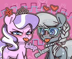 Size: 1867x1516 | Tagged: safe, artist:lou, derpibooru import, diamond tiara, silver spoon, earth pony, pony, :p, blushing, cute, diamondbetes, female, filly, glasses, heart, image, looking at you, mlem, png, silly, silverbetes, smiling, tongue out