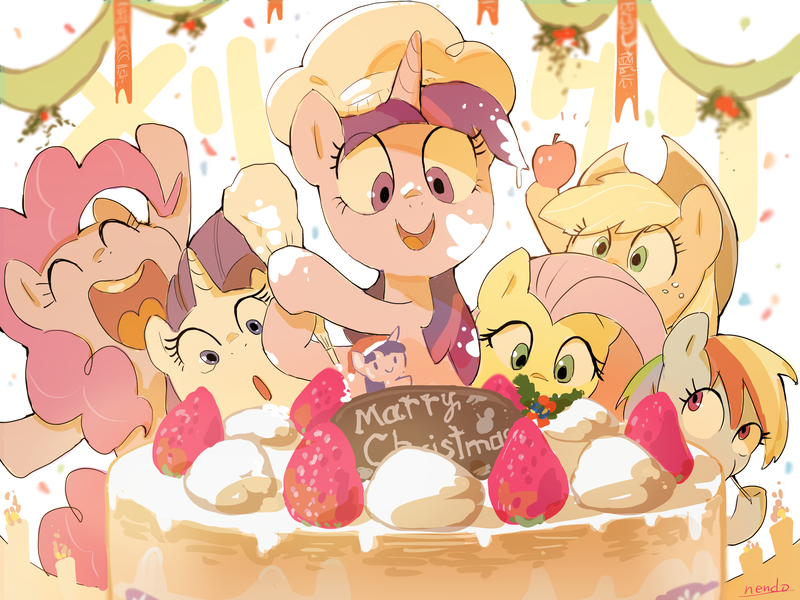 Size: 3200x2400 | Tagged: safe, artist:nendo, derpibooru import, applejack, fluttershy, pinkie pie, rainbow dash, rarity, twilight sparkle, earth pony, pegasus, pony, unicorn, :o, apple, cake, chef's hat, chocolate, christmas, eyes closed, food, freckles, fruit, hat, herbivore, high res, holiday, image, mane six, messy, messy eating, misspelling, obligatory apple, open mouth, png, smiling, strawberry, unicorn twilight, whipped cream