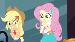 Size: 1366x768 | Tagged: safe, derpibooru import, screencap, applejack, fluttershy, equestria girls, equestria girls series, street chic, spoiler:eqg series (season 2), autumn leaves, bare shoulders, clothes, cold weather, dress, female, freezing, geode of fauna, geode of super strength, image, leaf, leaves, magical geodes, png, scarf, shivering, sleeveless, tanktop, wind, wind blowing, window