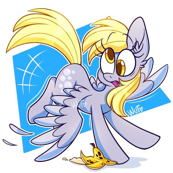 Size: 1280x1280 | Tagged: safe, artist:wutanimations, derpibooru import, derpy hooves, pegasus, pony, abstract background, banana peel, cute, derpabetes, derpy being derpy, ear fluff, feather, female, i just don't know what went wrong, image, jpeg, mare, slipping, solo, spread wings, two toned wings, wings
