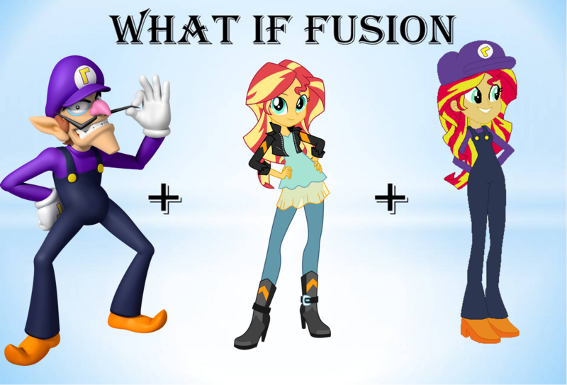 Size: 1280x868 | Tagged: safe, artist:daniotheman, artist:selenaede, artist:sugar-loop, derpibooru import, sunset shimmer, human, equestria girls, barely eqg related, base used, clothes, crossover, female, fusion, gloves, hands behind back, hands on hip, image, male, nintendo, overalls, png, purple hat, shirt, shoes, super mario bros., undershirt, waluigi, waluigi's hat, waluset