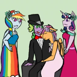 Size: 800x800 | Tagged: safe, artist:mintymelody, derpibooru import, rainbow dash, scootaloo, spike, twilight sparkle, anthro, a canterlot wedding, bridesmaid, bridesmaid dress, bridesmaids, clothes, dress, female, flower filly, flower girl, flower girl dress, hat, image, male, marriage, png, request, scootaspike, shipping, straight, suit, top hat, tuxedo, wedding