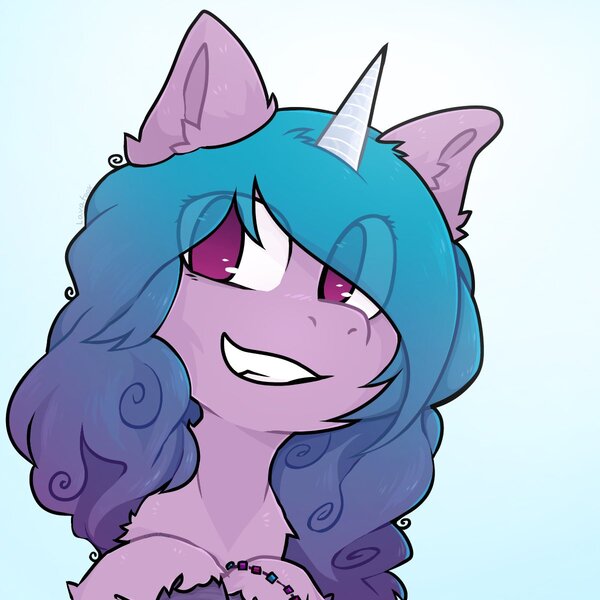 Size: 1200x1200 | Tagged: safe, artist:lavafoox, derpibooru import, izzy moonbow, pony, unicorn, bracelet, chest fluff, cute, ear fluff, female, g5, grin, image, izzybetes, jewelry, jpeg, looking at you, mare, raised hoof, smiling, solo, teeth, unshorn fetlocks