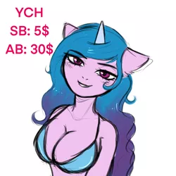 Size: 2048x2048 | Tagged: suggestive, artist:vaiola, derpibooru import, izzy moonbow, anthro, pony, unicorn, advertisement, auction, auction open, bedroom eyes, big breasts, bikini, bikini top, blue underwear, blushing, breasts, bust, busty izzy moonbow, clothes, commission, curly hair, cute, eyebrows, eyebrows visible through hair, female, g5, image, long mane, looking at you, mare, png, portrait, seductive look, sexy, simple background, sketch, skinny, smiling, smiling at you, solo, solo female, swimsuit, underwear, white background, your character here, your character here auction