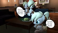Size: 1280x720 | Tagged: safe, artist:dragonsam98, derpibooru import, oc, oc:aryanne, oc:franziska, oc:kyrie, oc:luftkrieg, earth pony, pegasus, pony, unicorn, 3d, alcohol, angry, comic, computer, couch, crossed arms, cute, dialogue, family, female, filly, food, image, mare, mother and child, mother and daughter, pineapple, png, pouting, remote, sitting, source filmmaker