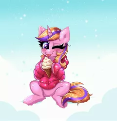 Size: 3840x4000 | Tagged: safe, artist:confetticakez, derpibooru import, oc, oc:cream sherbet, unofficial characters only, pony, unicorn, blushing, clothes, cute, food, ice cream, image, jacket, jpeg, licking, ocbetes, sitting, snow, snowfall, solo, tongue out, winter, winter outfit