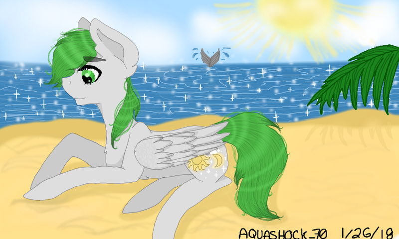 Size: 854x512 | Tagged: safe, artist:aquashock_70, derpibooru import, oc, oc:dreamer skies, unofficial characters only, pegasus, pony, whale, beach, chest fluff, cloud, eyebrows visible through hair, folded wings, image, lying down, male, ocean, outdoors, pegasus oc, png, sand, sky, smiling, solo focus, stallion, sun, water, wings