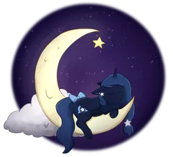 Size: 1024x925 | Tagged: safe, artist:foxhatart, derpibooru import, oc, oc:night star, alicorn, pony, alicorn oc, bow, crescent moon, female, horn, image, mare, moon, png, sleeping, sleeping on moon, solo, tail bow, tangible heavenly object, transparent moon, wings