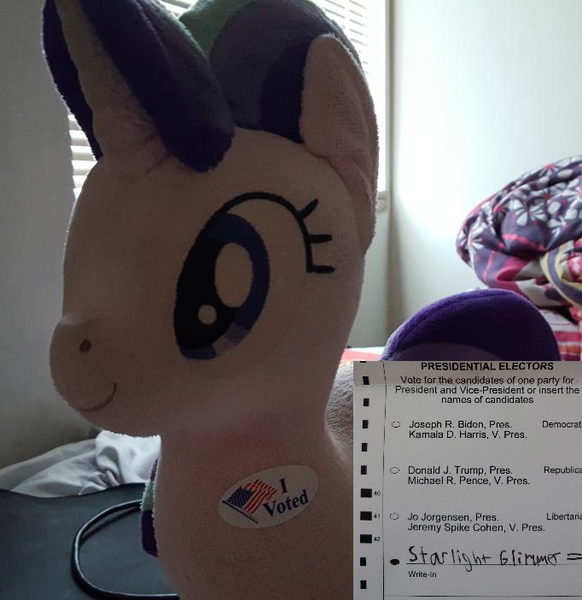 Size: 682x703 | Tagged: safe, derpibooru import, starlight glimmer, pony, unicorn, 2020 election, election, i voted sticker, image, photo, plushie, png, solo, sticker, united states, vote