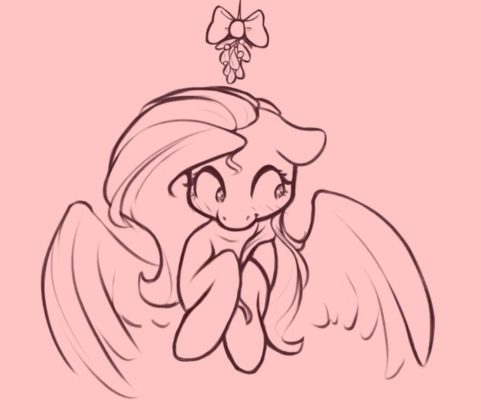 Size: 1526x1334 | Tagged: safe, artist:nookprint, derpibooru import, fluttershy, pegasus, pony, blushing, bust, cute, female, floppy ears, image, jpeg, lineart, looking away, looking down, mare, mistletoe, monochrome, nervous, shy, shyabetes, simple background, solo, this will end in kisses