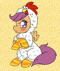 Size: 720x847 | Tagged: safe, artist:therainbowtroll, derpibooru import, scootaloo, bird, chicken, pegasus, pony, angry, animal costume, chicken suit, clothes, costume, cute, cutealoo, grumpaloo, image, madorable, png, scootachicken, silly, silly pony, socks, striped socks