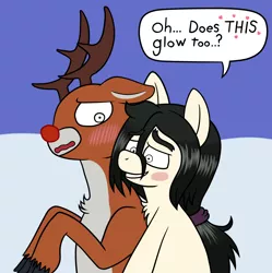 Size: 1384x1388 | Tagged: suggestive, artist:scraggleman, derpibooru import, oc, oc:floor bored, deer, earth pony, pony, reindeer, blushing, dialogue, grope, image, implied penis, molestation, personal space invasion, png, rudolph the red nosed reindeer, varying degrees of want