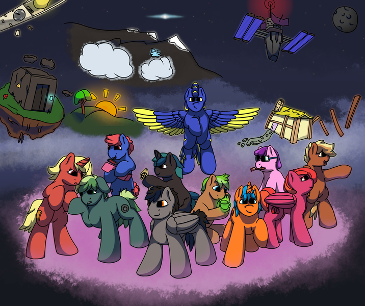 Size: 2548x2136 | Tagged: safe, artist:luther, derpibooru import, oc, oc:erasable, oc:huo, oc:lightning striker, oc:luther, oc:sprite berry, unofficial characters only, earth pony, pegasus, unicorn, antenna, bell, bunker, chimney, cloud, cup, cutie mark, dream, earth pony oc, floating island, floating rocks, glasses, group photo, happy birthday mlp:fim, horn, house, image, mlp fim's tenth anniversary, moon, mountain, paintbrush, pegasus oc, png, satellite, sfm logo, solar panel, space, spread wings, stars, sun, tree, unicorn oc, wings