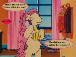 Size: 862x647 | Tagged: safe, derpibooru import, edit, edited screencap, screencap, patch (g1), my little pony tales, the impractical joker, bipedal, curtains, cute, descriptive noise, dialogue, g1, horse noises, image, implied oc, patchabetes, png, prank, prank call, speech bubble, telephone, window