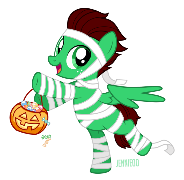 Size: 1200x1169 | Tagged: safe, artist:jennieoo, derpibooru import, oc, oc:northern haste, unofficial characters only, pegasus, pony, candy, colt, cute, food, halloween, happy, holiday, image, male, mummy, mummy costume, png, pumpkin, pumpkin bucket, show accurate, simple background, smiling, solo, sweet, transparent background