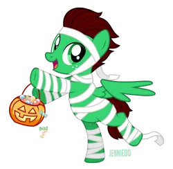 Size: 1200x1169 | Tagged: safe, artist:jennieoo, derpibooru import, oc, oc:northern haste, unofficial characters only, pegasus, pony, candy, colt, cute, food, halloween, happy, holiday, image, male, mummy, mummy costume, png, pumpkin, pumpkin bucket, show accurate, simple background, smiling, solo, sweet, transparent background