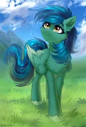 Size: 2500x3700 | Tagged: safe, artist:hakaina, derpibooru import, oc, oc:distant skies, unofficial characters only, pegasus, pony, chest fluff, commission, image, looking up, png, scenic background, solo, two toned mane, two toned wings, unshorn fetlocks, wings, ych result