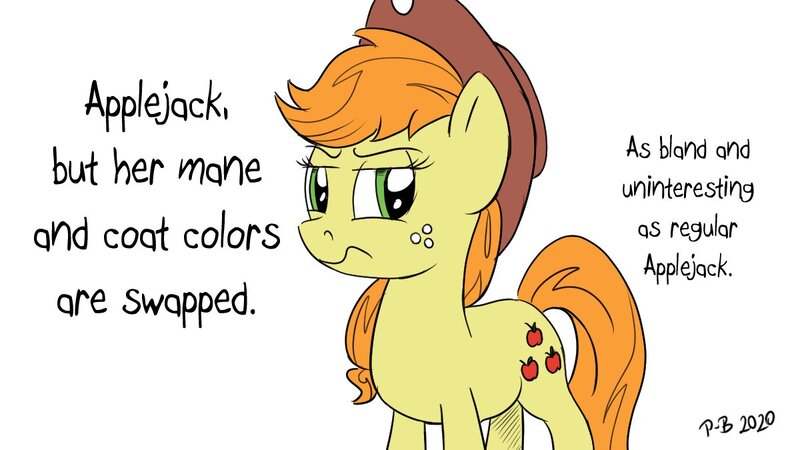 Size: 1200x675 | Tagged: safe, artist:pony-berserker, derpibooru import, applejack, oc:jacky, earth pony, pony, applejack is not amused, bootleg pony, female, freckles, green eyes, image, jpeg, mare, palette swap, pony-berserker's twitter sketches, recolor, solo, text, unamused